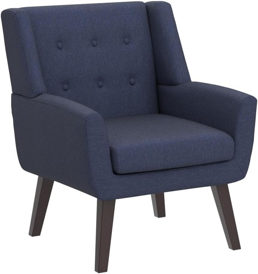 Dark Blue Button Tufted Linen Mid-Century Accent Chair