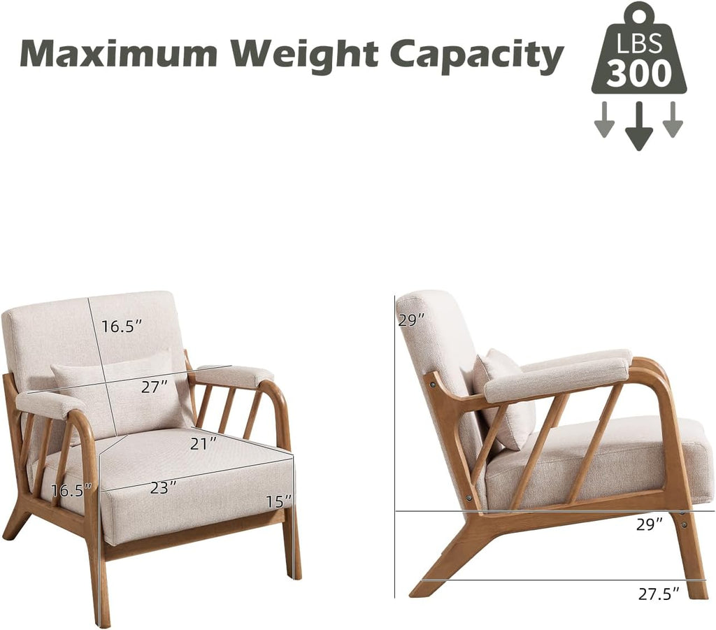 Beige Linen Mid-Century Wood Frame Accent Chair