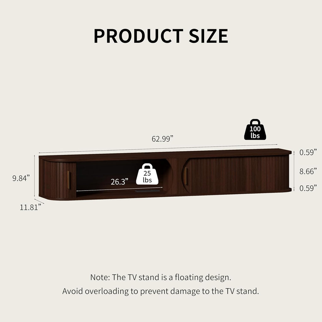 Walnut Floating TV Stand with RGB Lights & Power Outlet