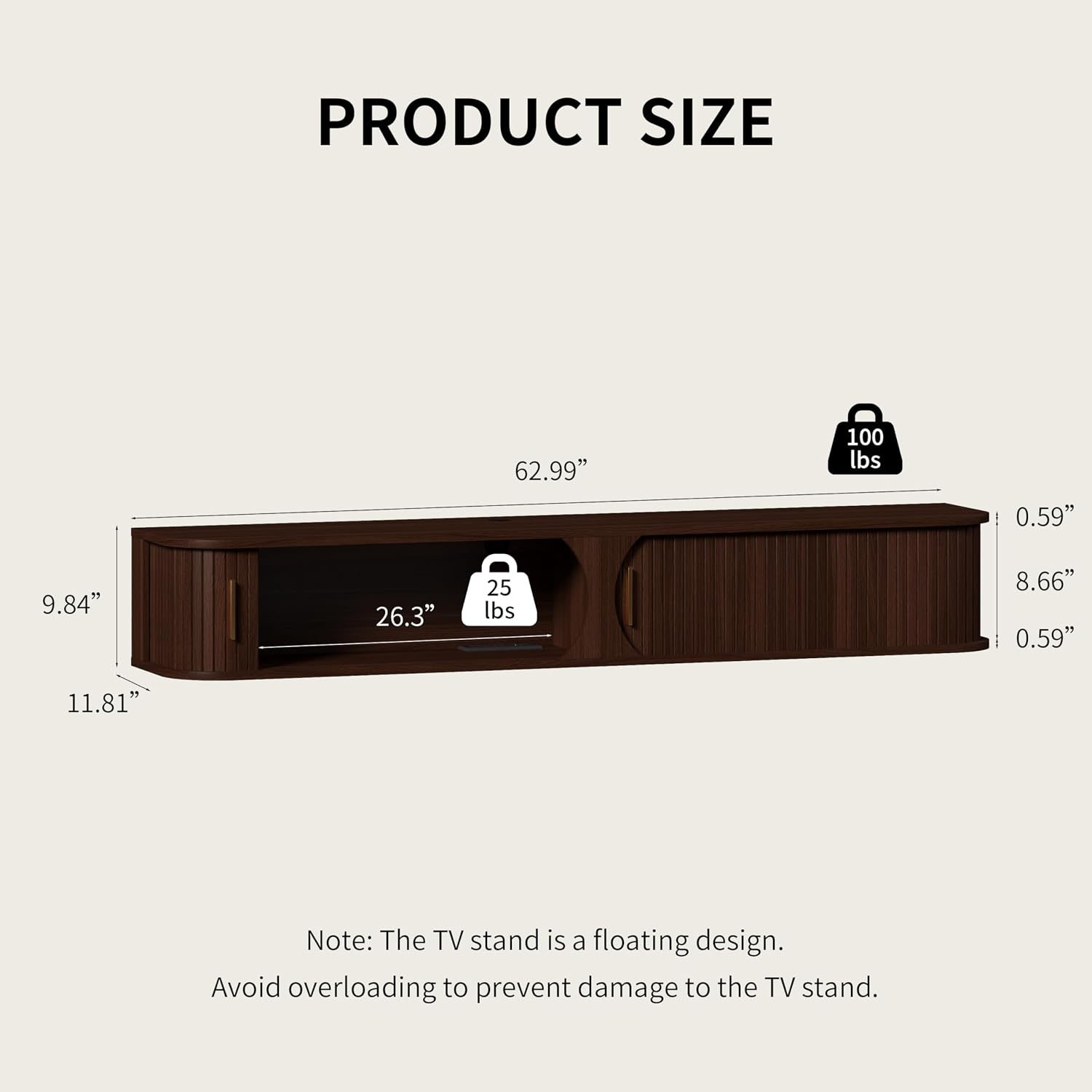 Walnut Floating TV Stand with RGB Lights & Power Outlet