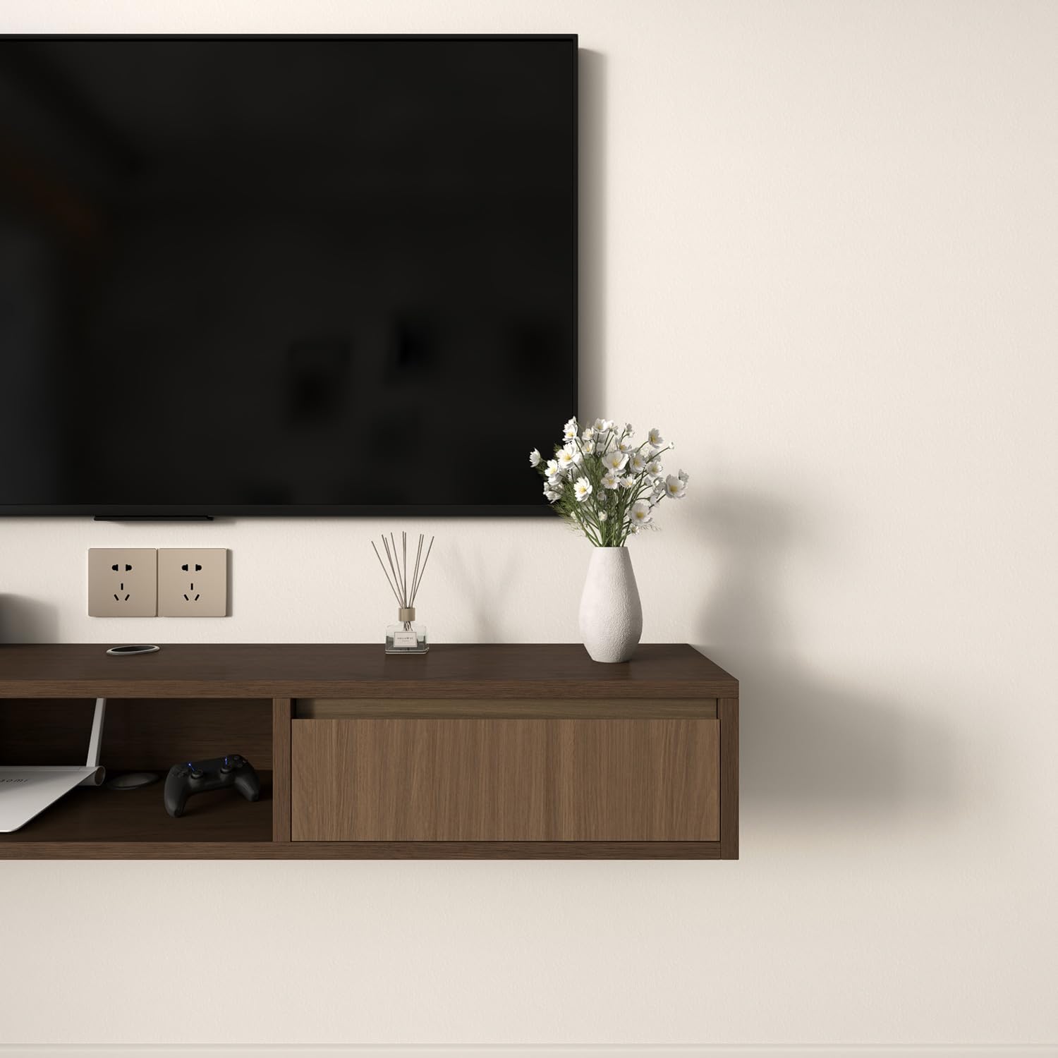 Walnut 47 Inch Plywood Floating TV Stand with Soft Close Door