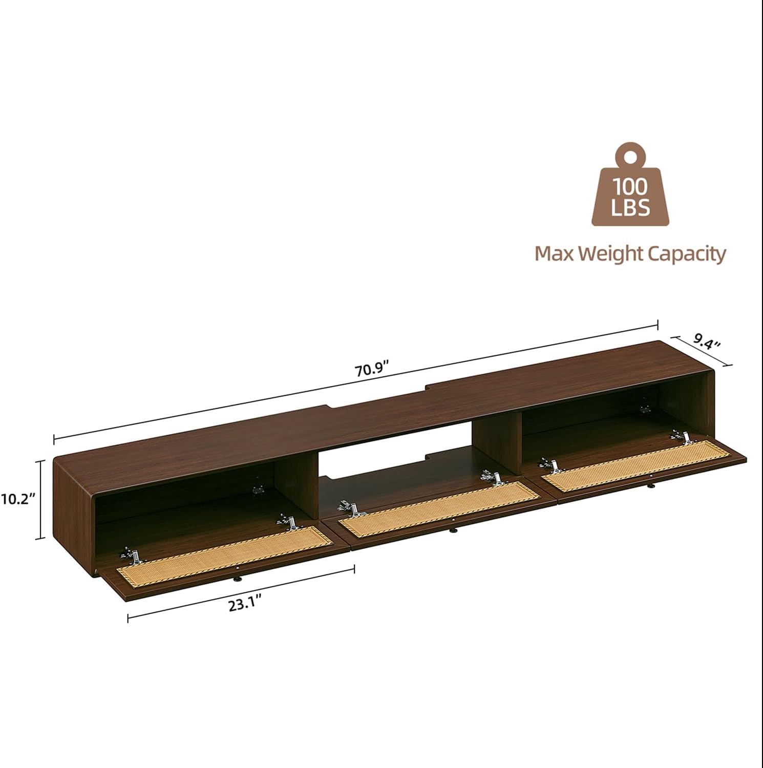 70 Inch Matte Plywood Floating TV Stand with Rattan Doors