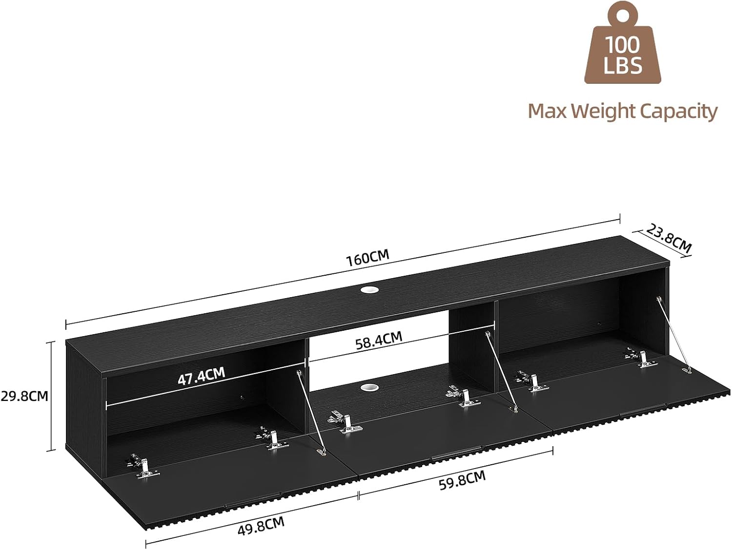 Black 63 Inch Slatted Floating TV Stand with 3 Doors