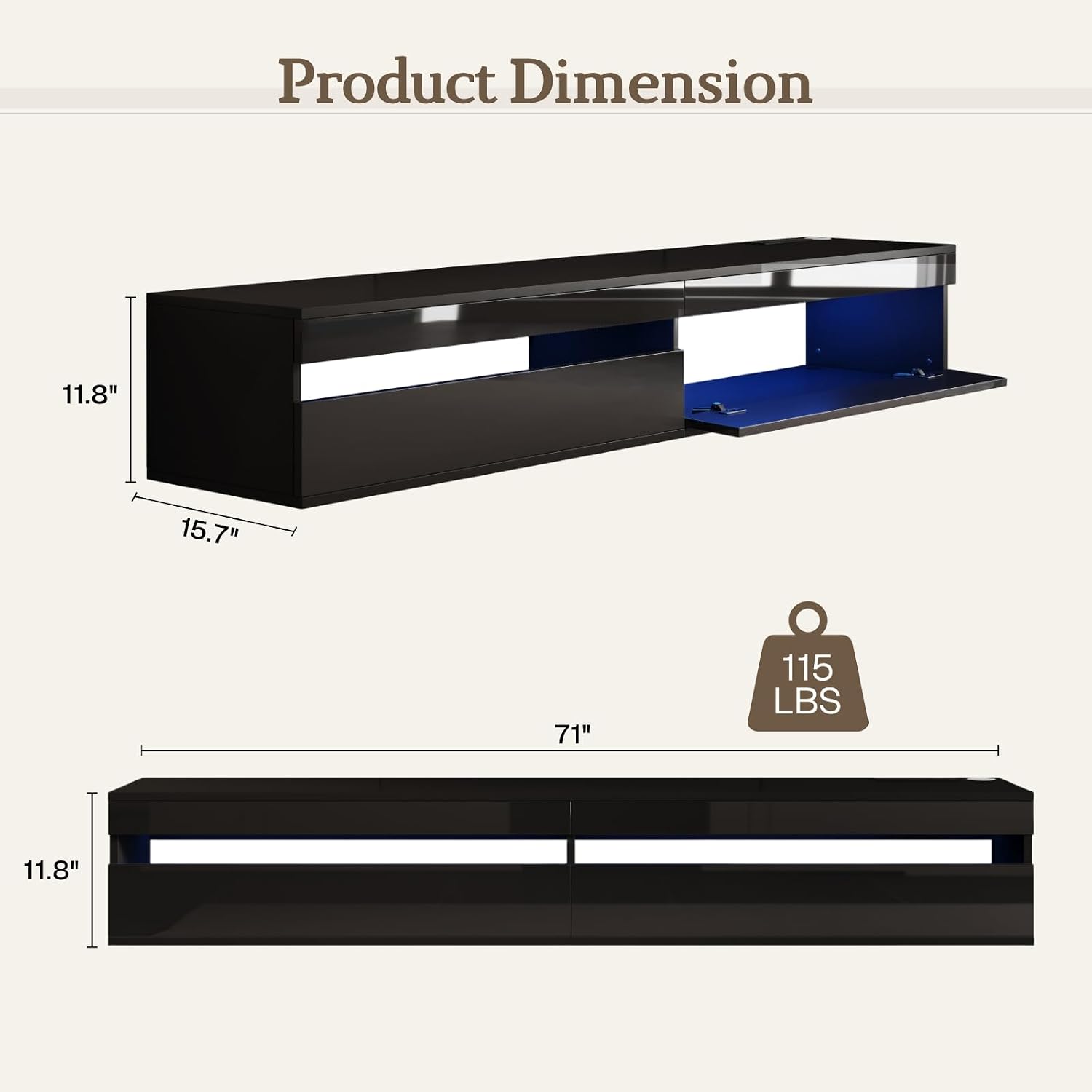 Black High Gloss Solid Wood Floating TV Stand with LED & Power Outlet