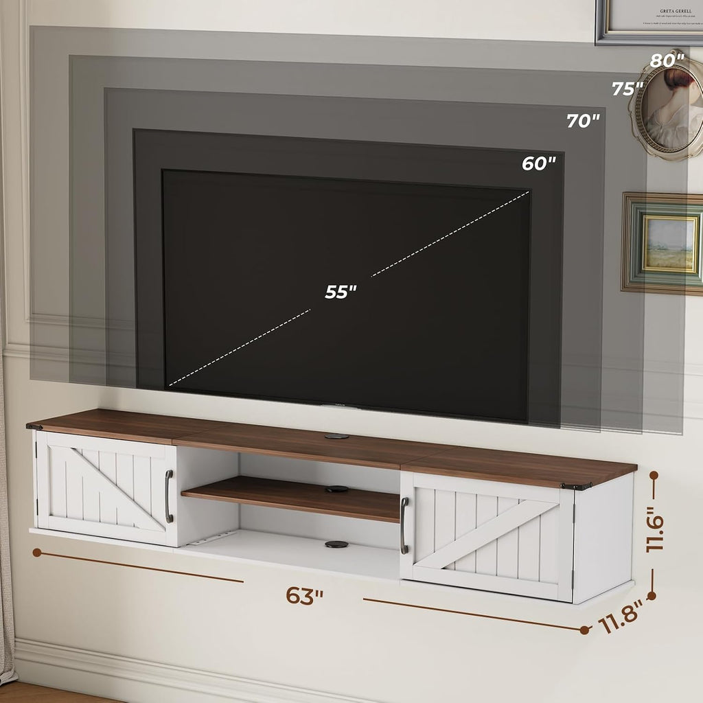 White Farmhouse 63 Inch Floating TV Stand with Storage Doors