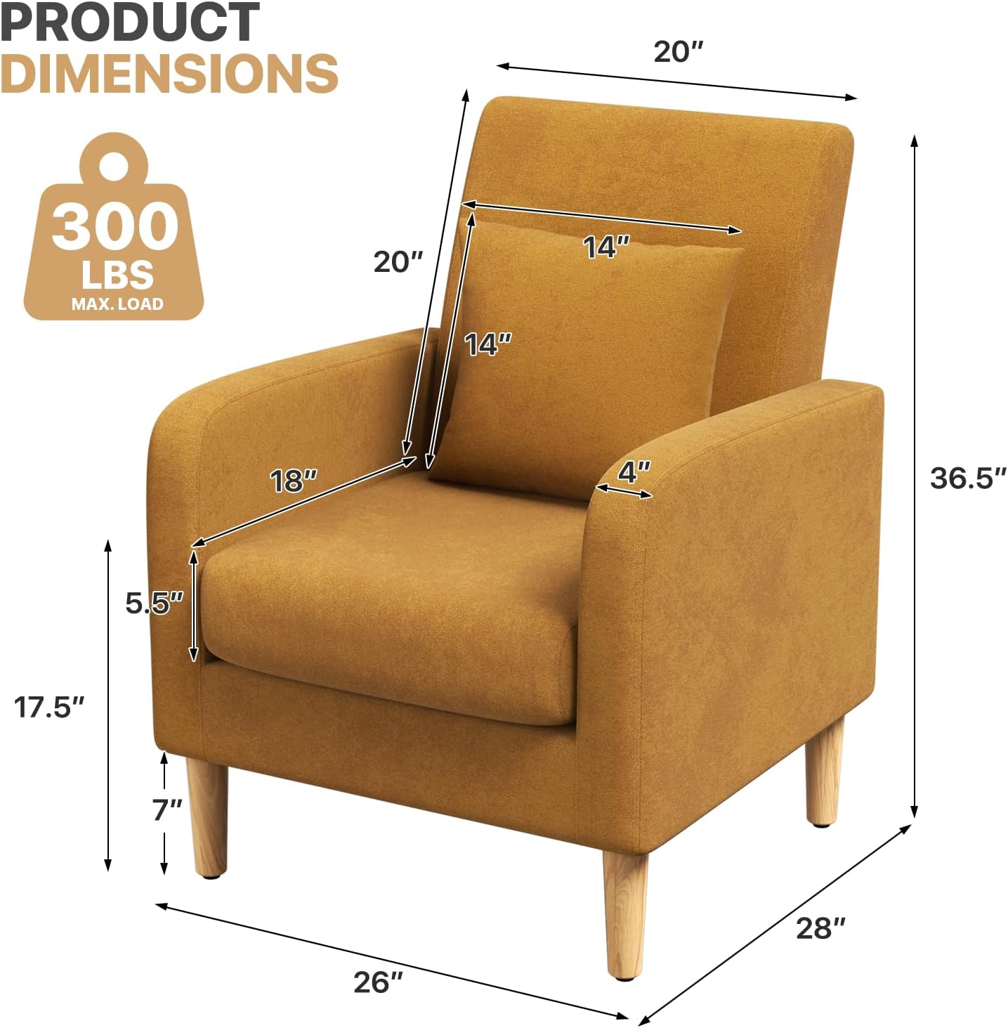 Yellow Linen Mid-Century Upholstered Accent Chair