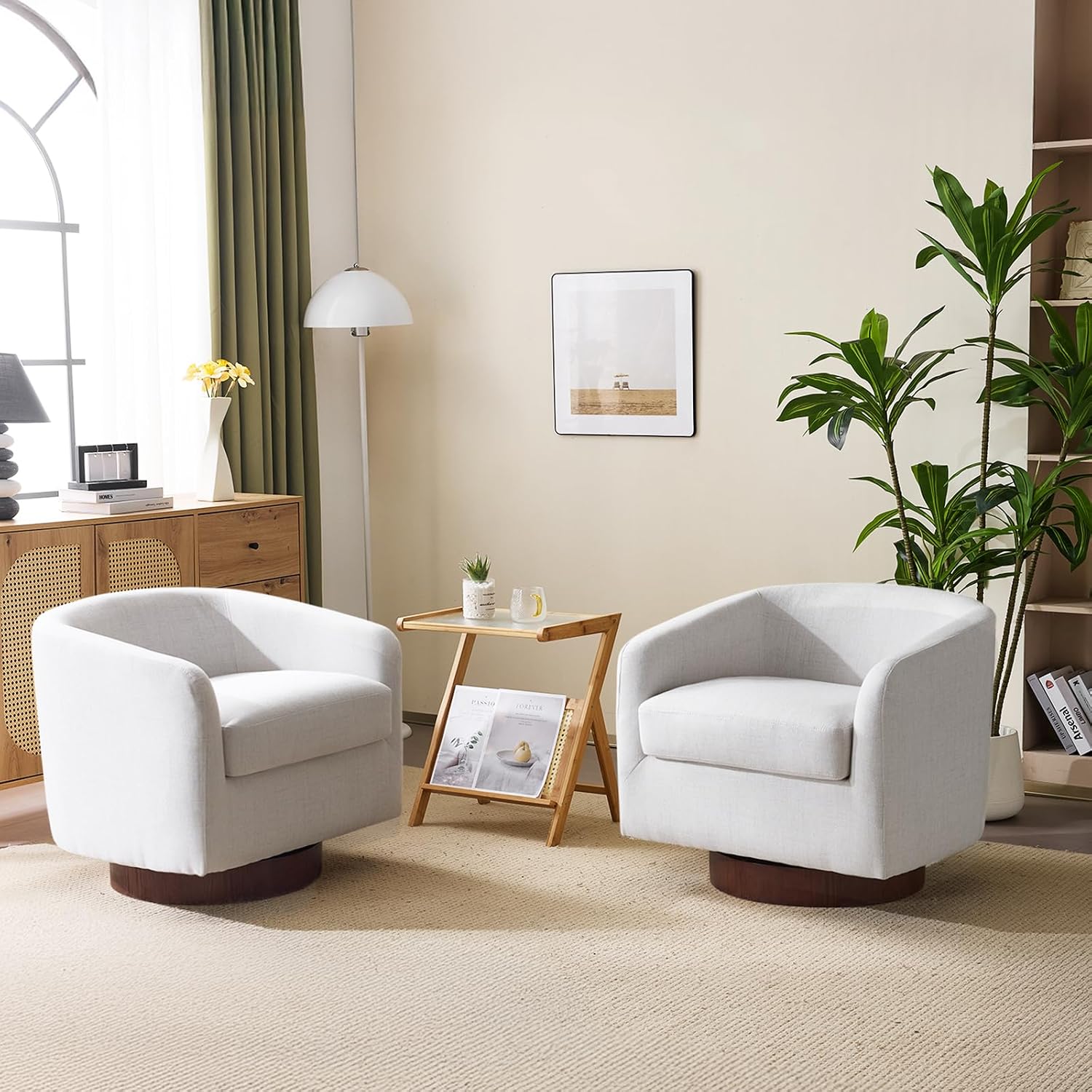 Beige Linen 360° Swivel Barrel Accent Chairs Set of 2