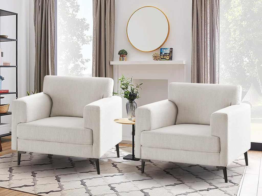 Beige Oversized Linen Mid-Century Accent Chairs Set of 2