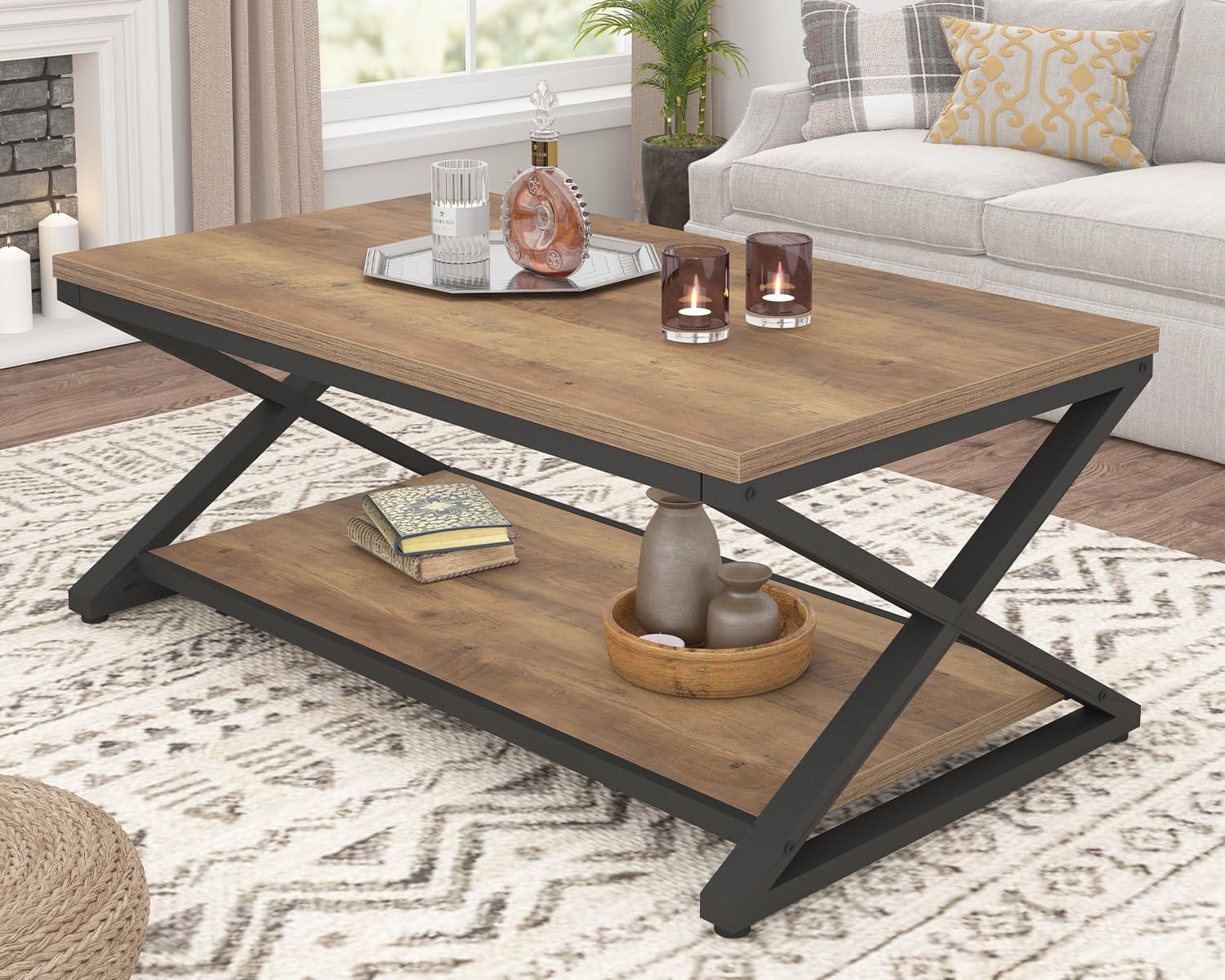 Wood Metal Farmhouse Storage Coffee Table