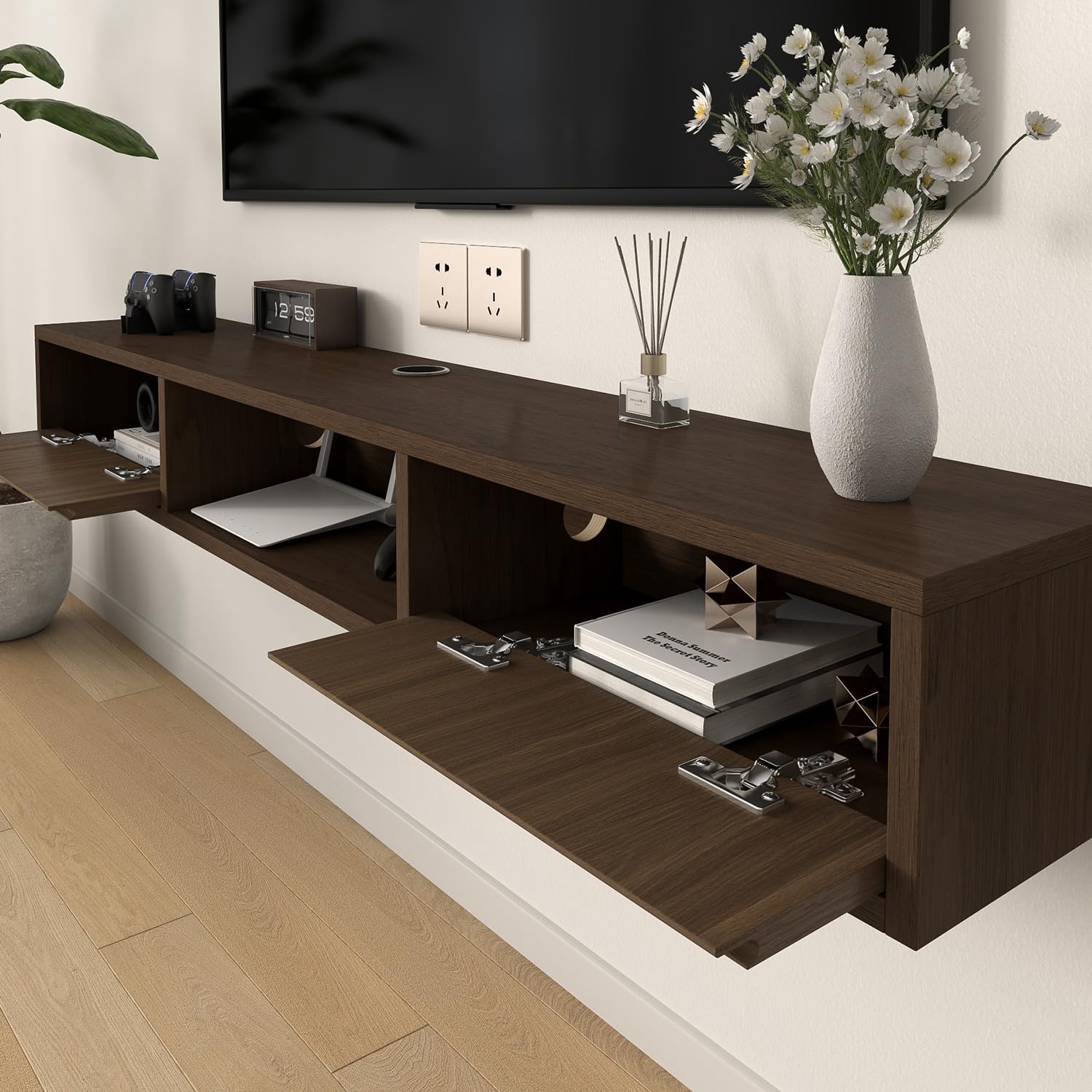 Walnut 47 Inch Plywood Floating TV Stand with Soft Close Door