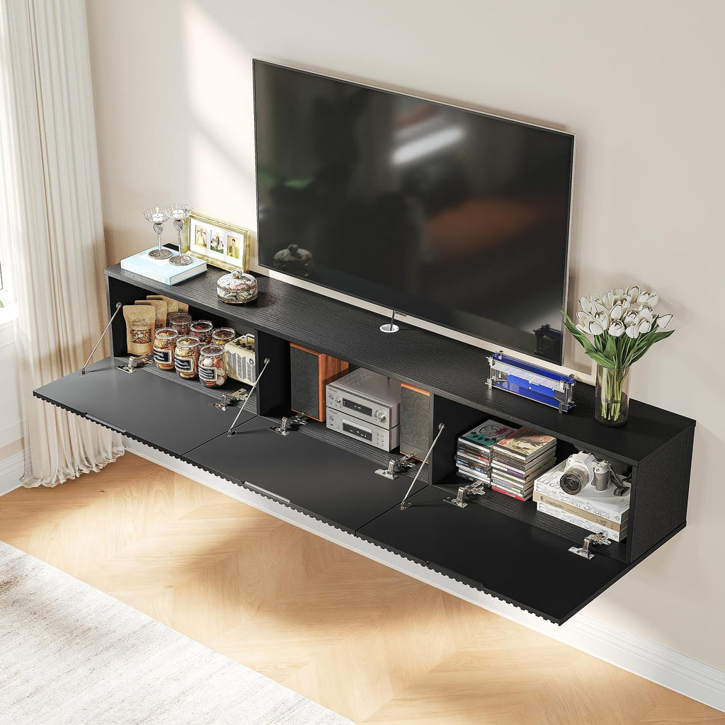 Black 63 Inch Slatted Floating TV Stand with 3 Doors