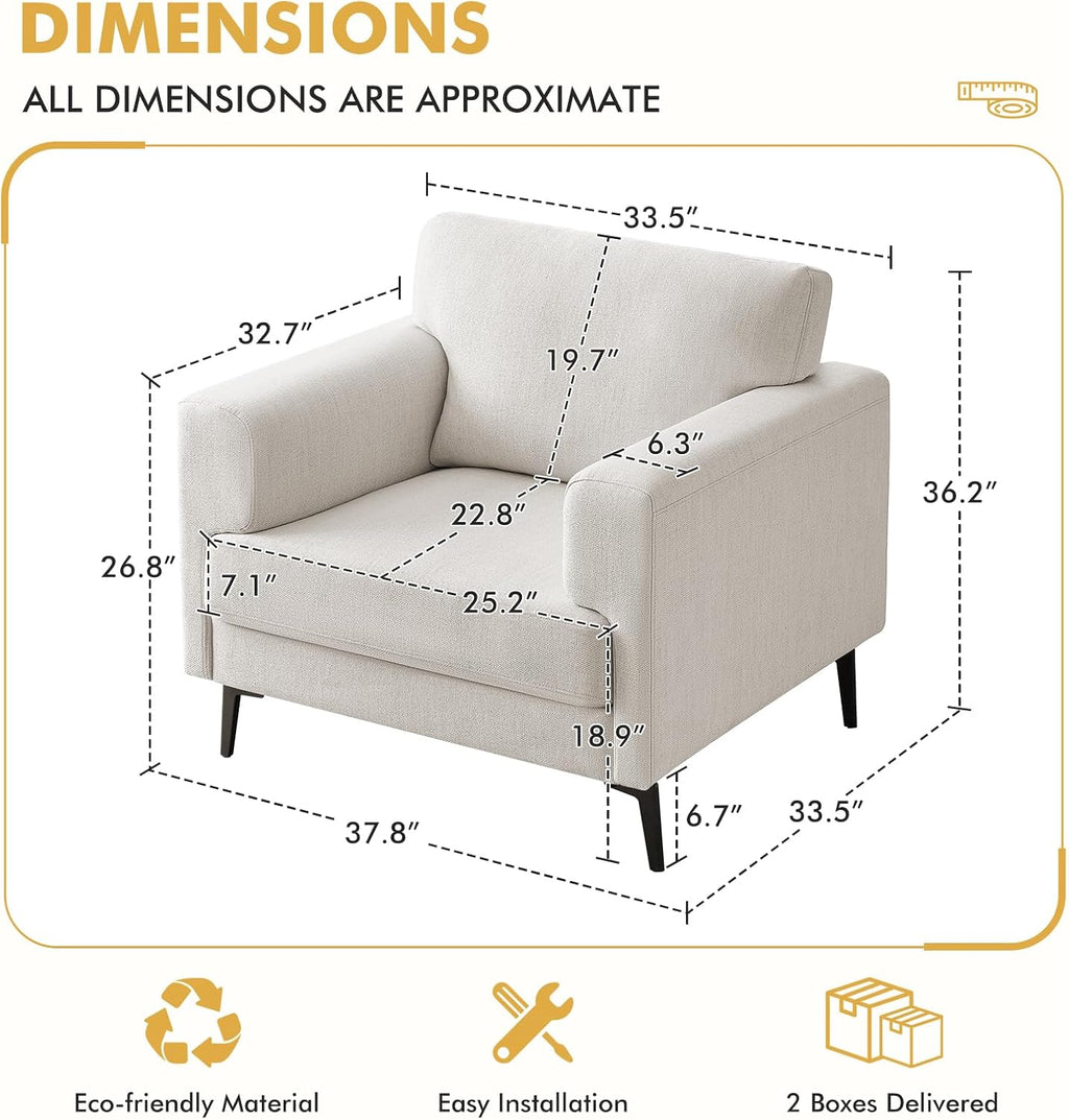 Beige Oversized Linen Mid-Century Accent Chairs Set of 2