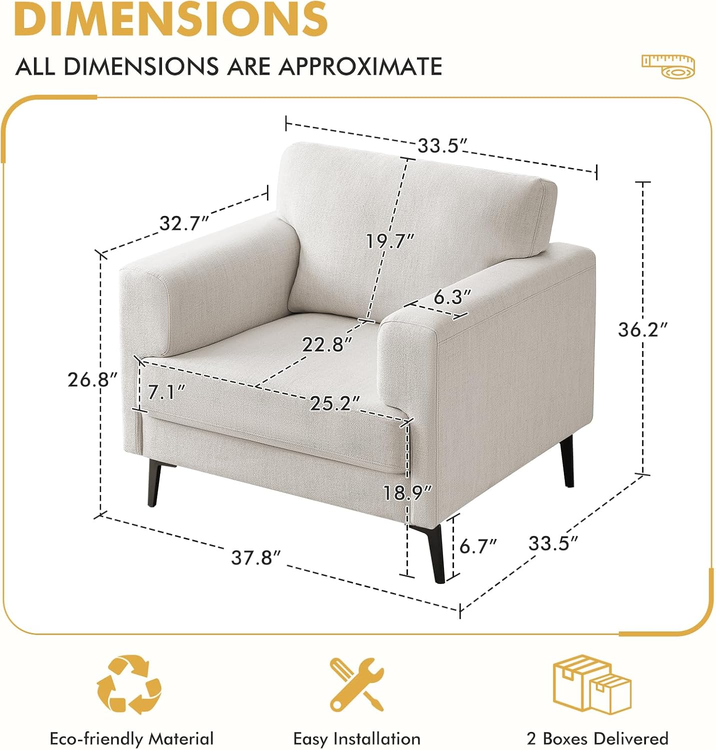 Beige Oversized Linen Mid-Century Accent Chairs Set of 2