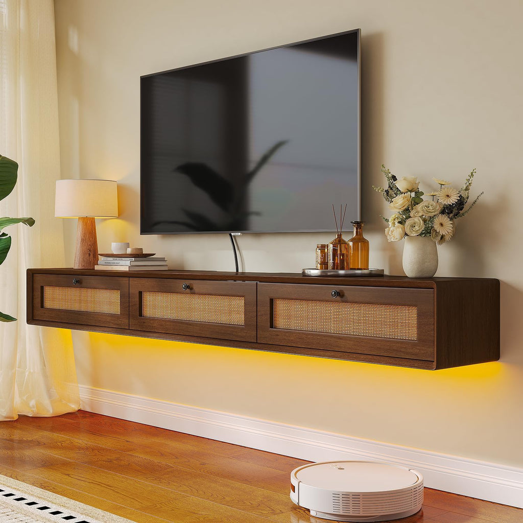 Natural Wood Floating TV Stand with Rattan Doors