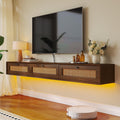 Natural Wood Floating TV Stand with Rattan Doors