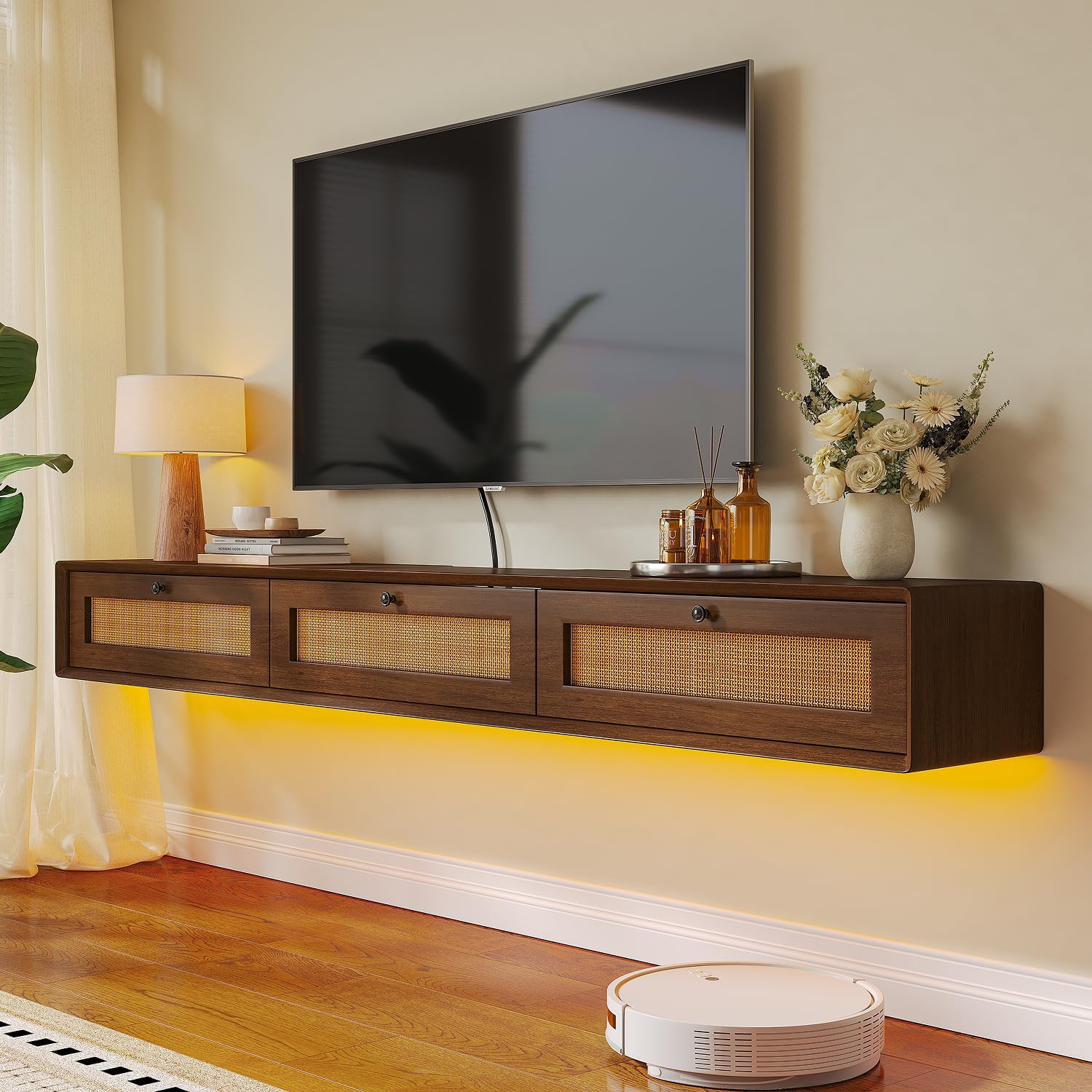 70 Inch Matte Plywood Floating TV Stand with Rattan Doors