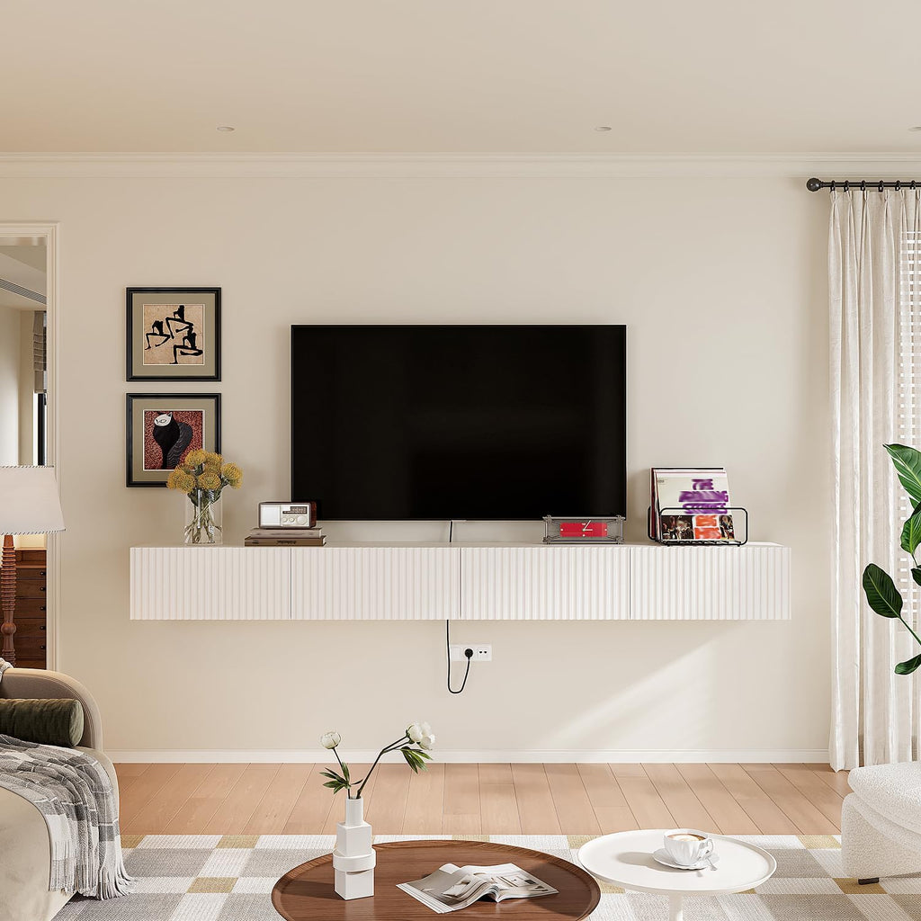Off-White 55 Inch Floating TV Stand with Drawers