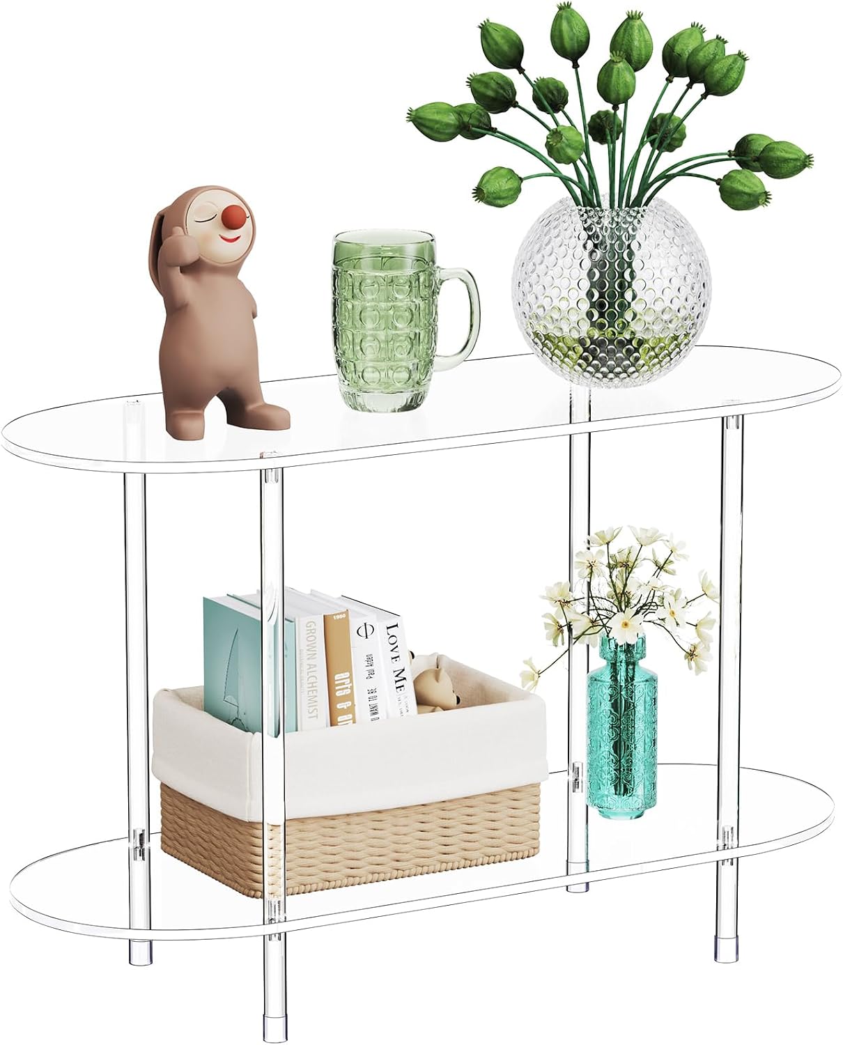 Oval 2-Tier Clear Acrylic Side Console Table
