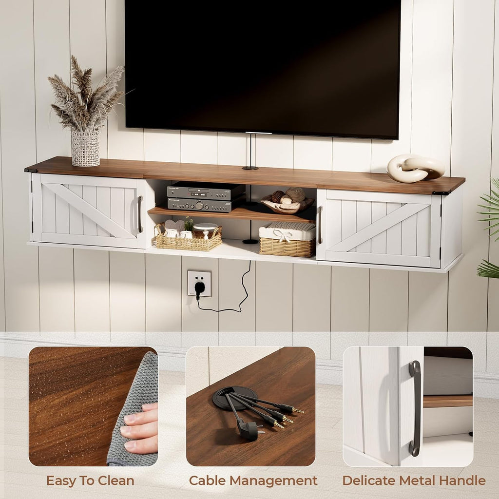 White Farmhouse 63 Inch Floating TV Stand with Storage Doors