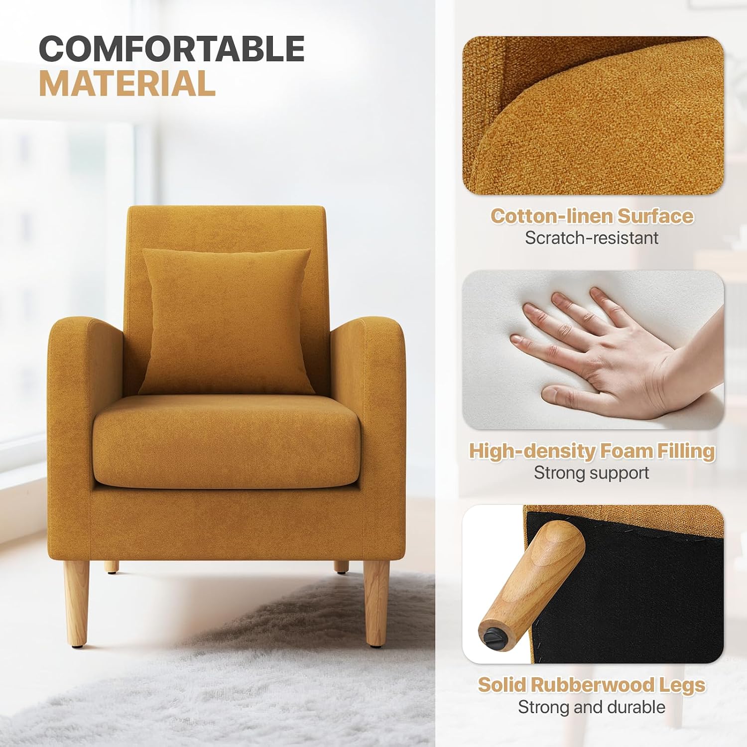 Yellow Linen Mid-Century Upholstered Accent Chair