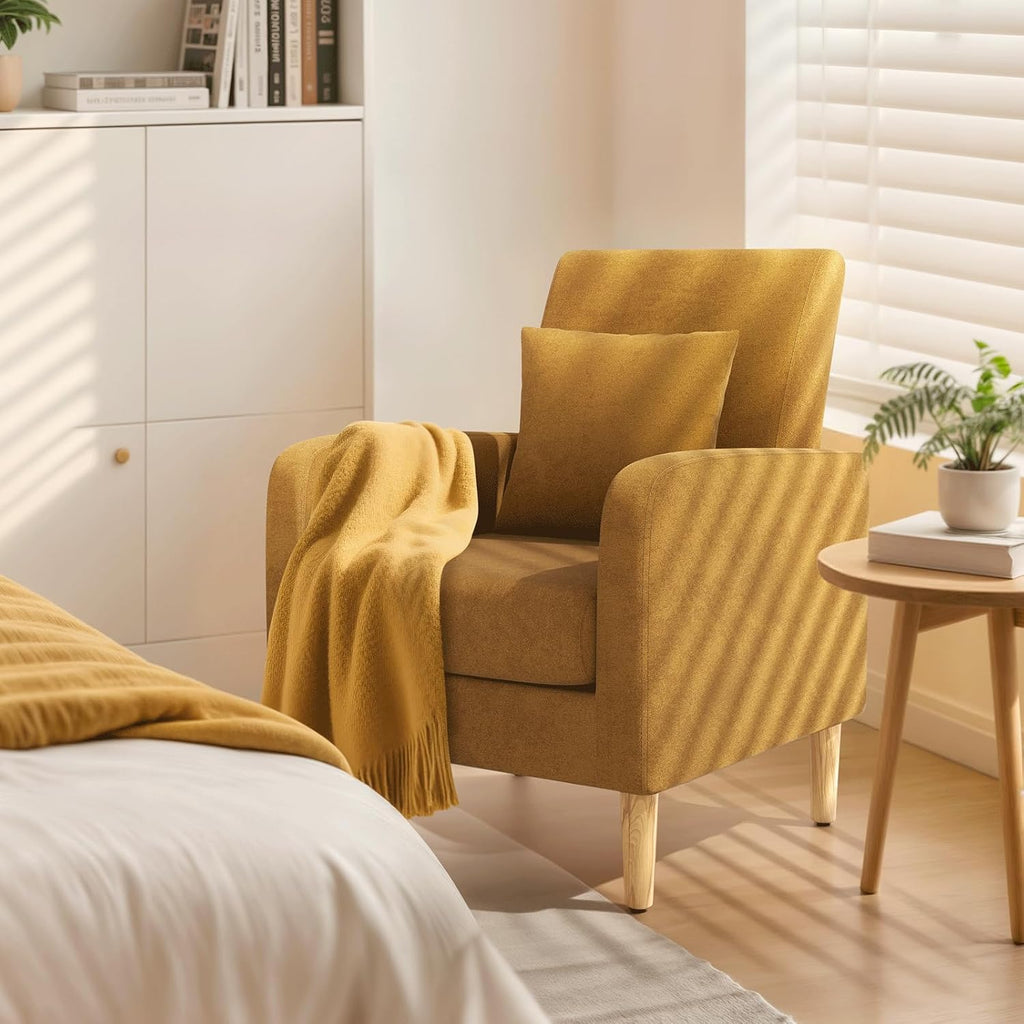 Yellow Linen Mid-Century Upholstered Accent Chair