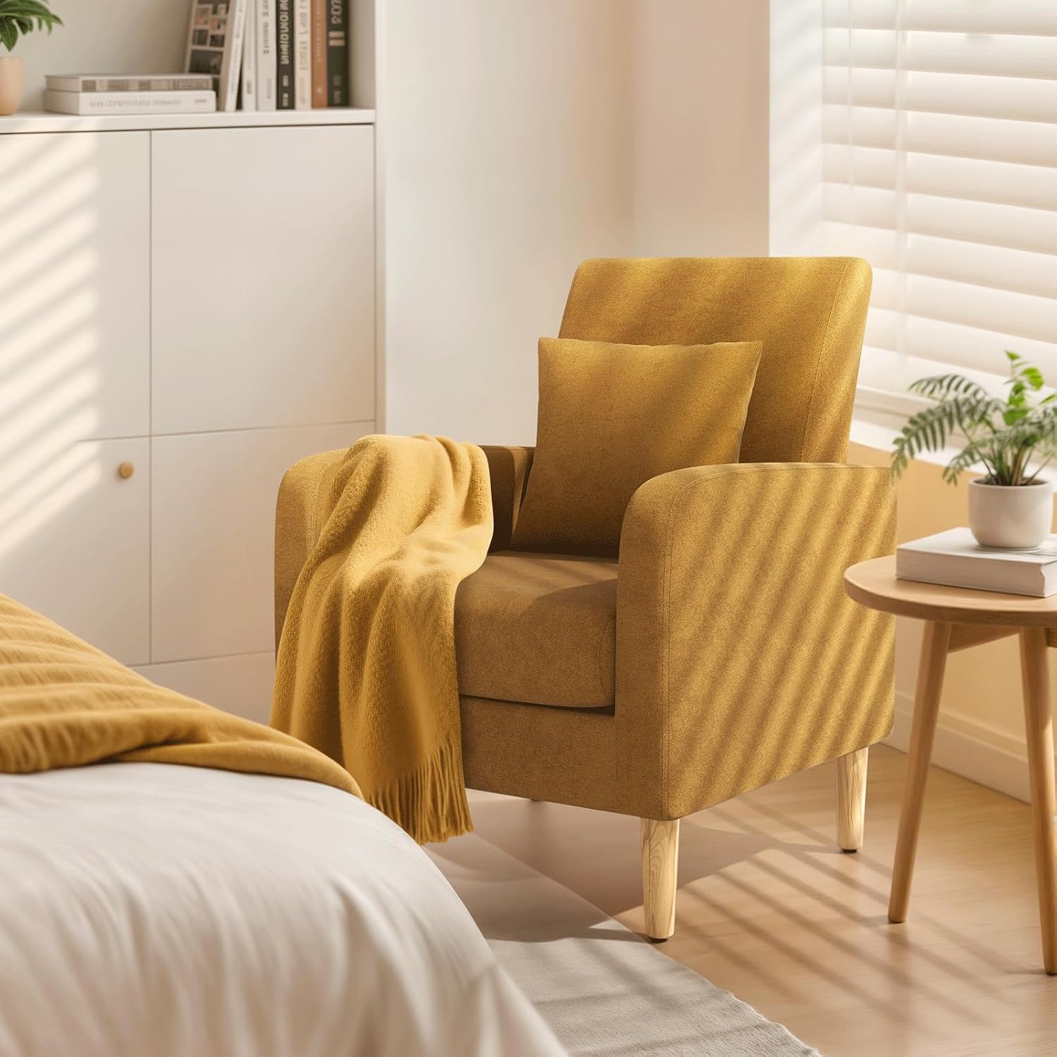 Yellow Linen Mid-Century Upholstered Accent Chair