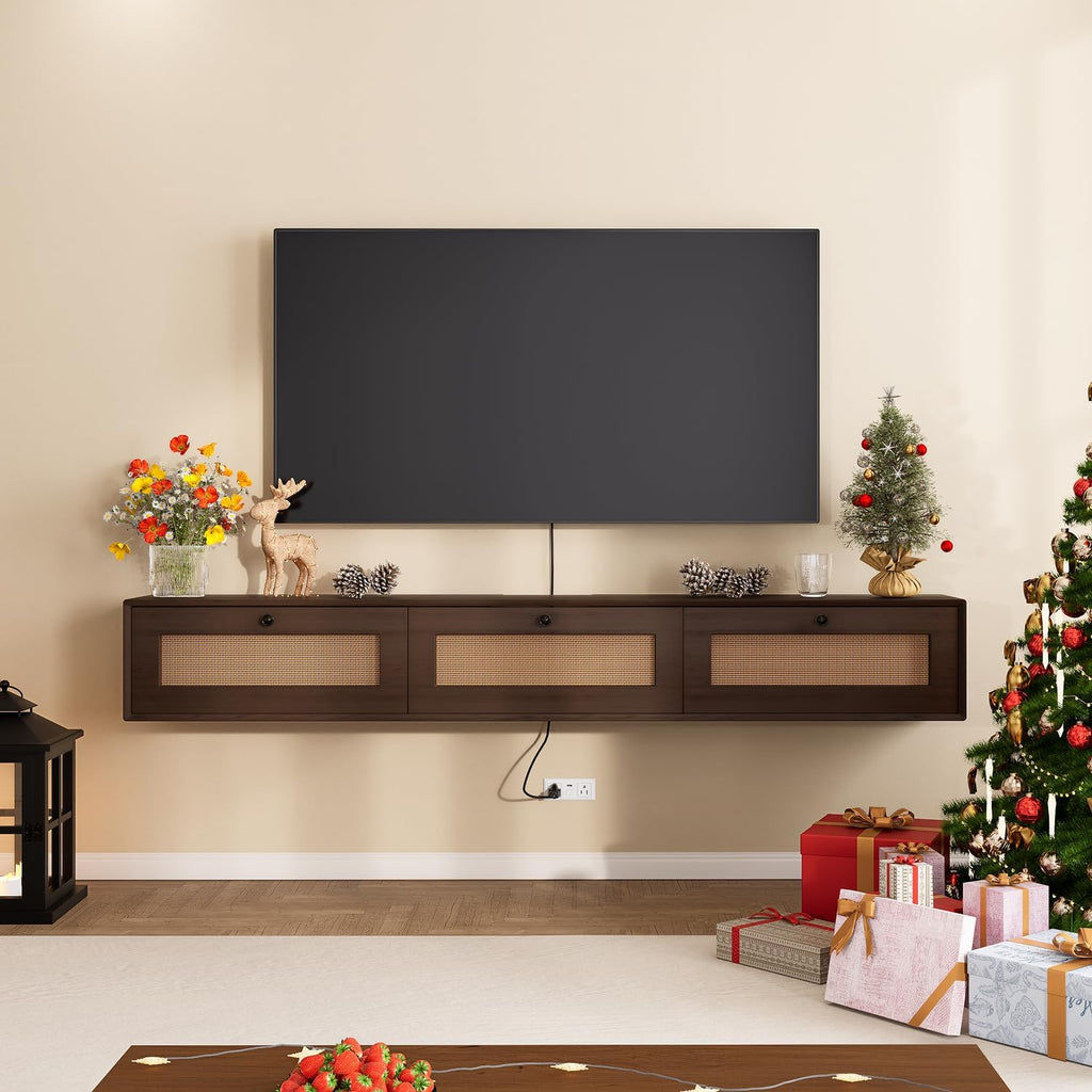 Natural Wood Floating TV Stand with Rattan Doors
