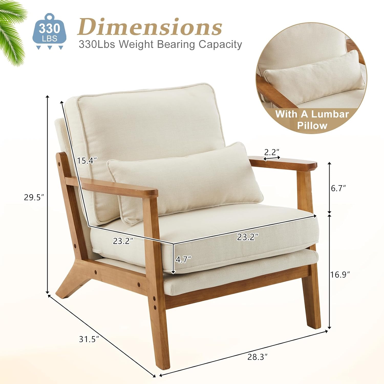 Beige Linen Farmhouse Mid-Century Solid Wood Accent Chair