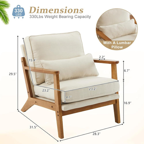 Beige Linen Farmhouse Mid-Century Solid Wood Accent Chair