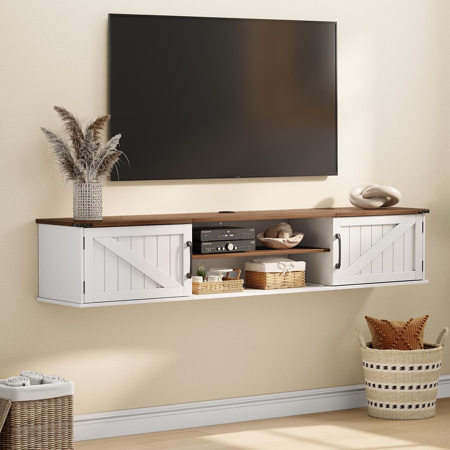 White Farmhouse 63 Inch Floating TV Stand with Storage Doors