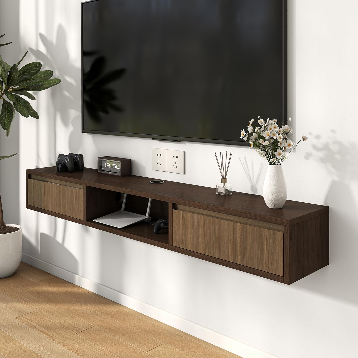 Walnut 47 Inch Plywood Floating TV Stand with Soft Close Door