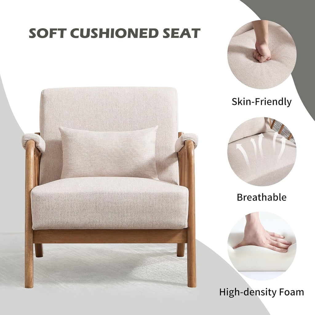 Beige Linen Mid-Century Wood Frame Accent Chair