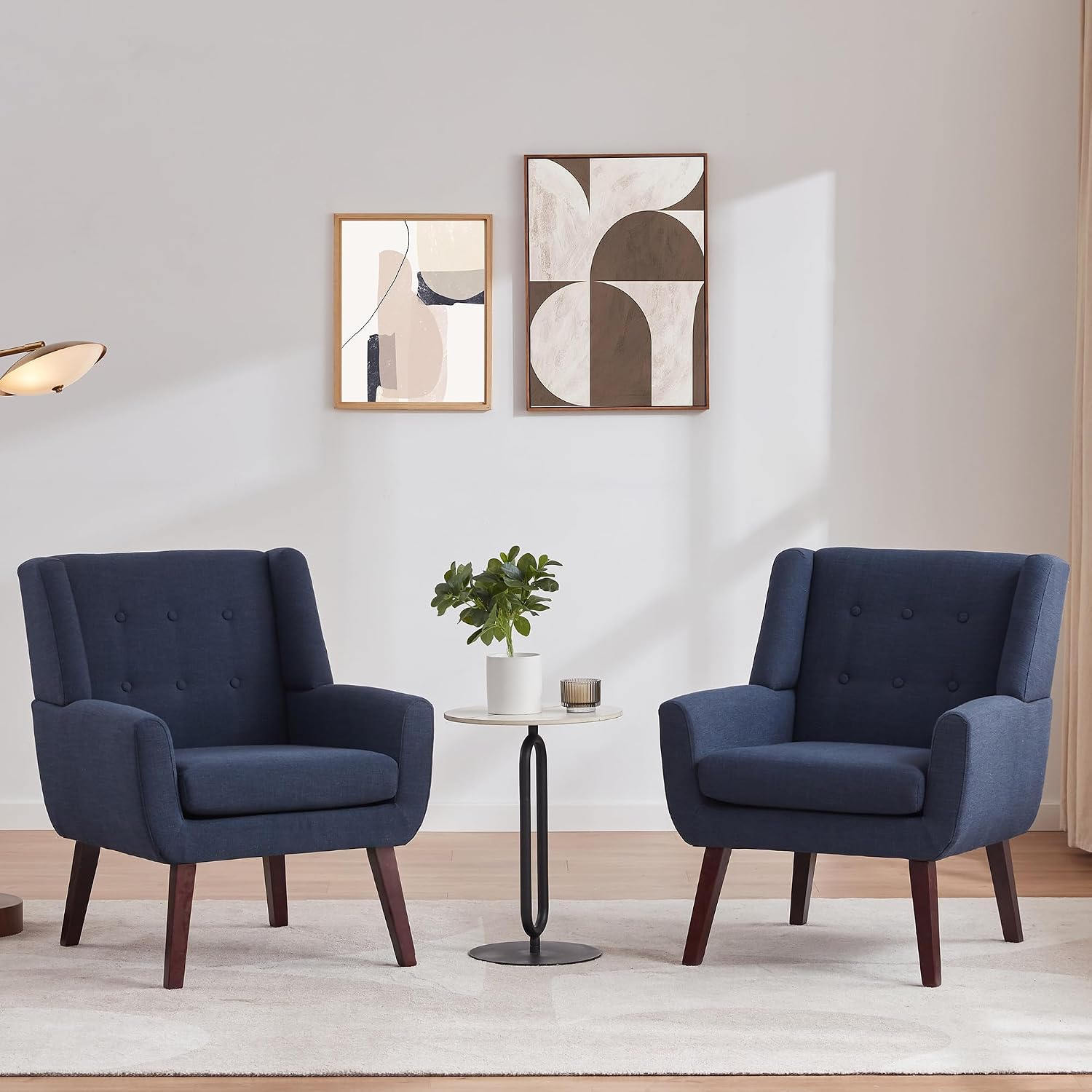 Dark Blue Button Tufted Linen Mid-Century Accent Chairs Set of 2