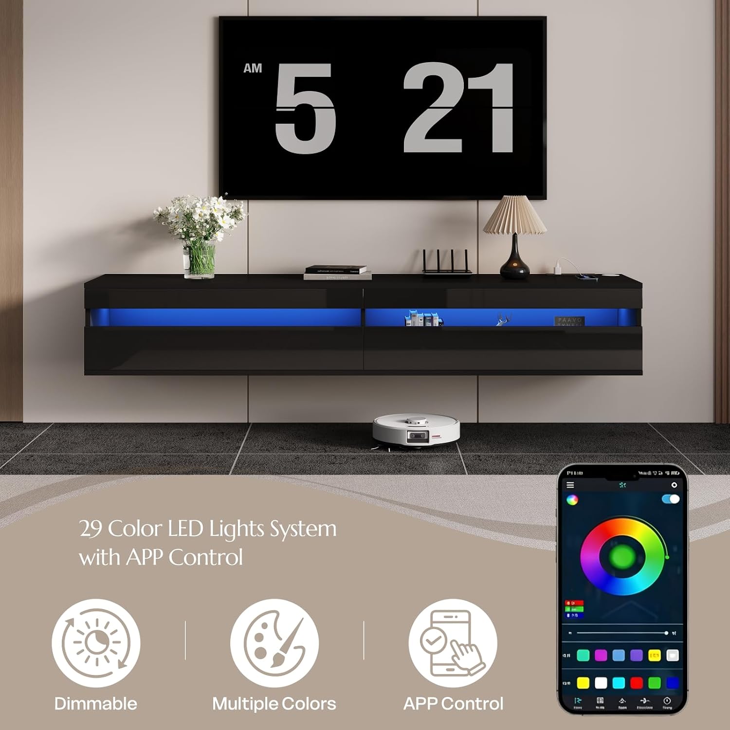 Black High Gloss Solid Wood Floating TV Stand with LED & Power Outlet