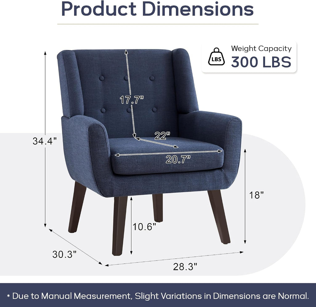 Dark Blue Button Tufted Linen Mid-Century Accent Chair
