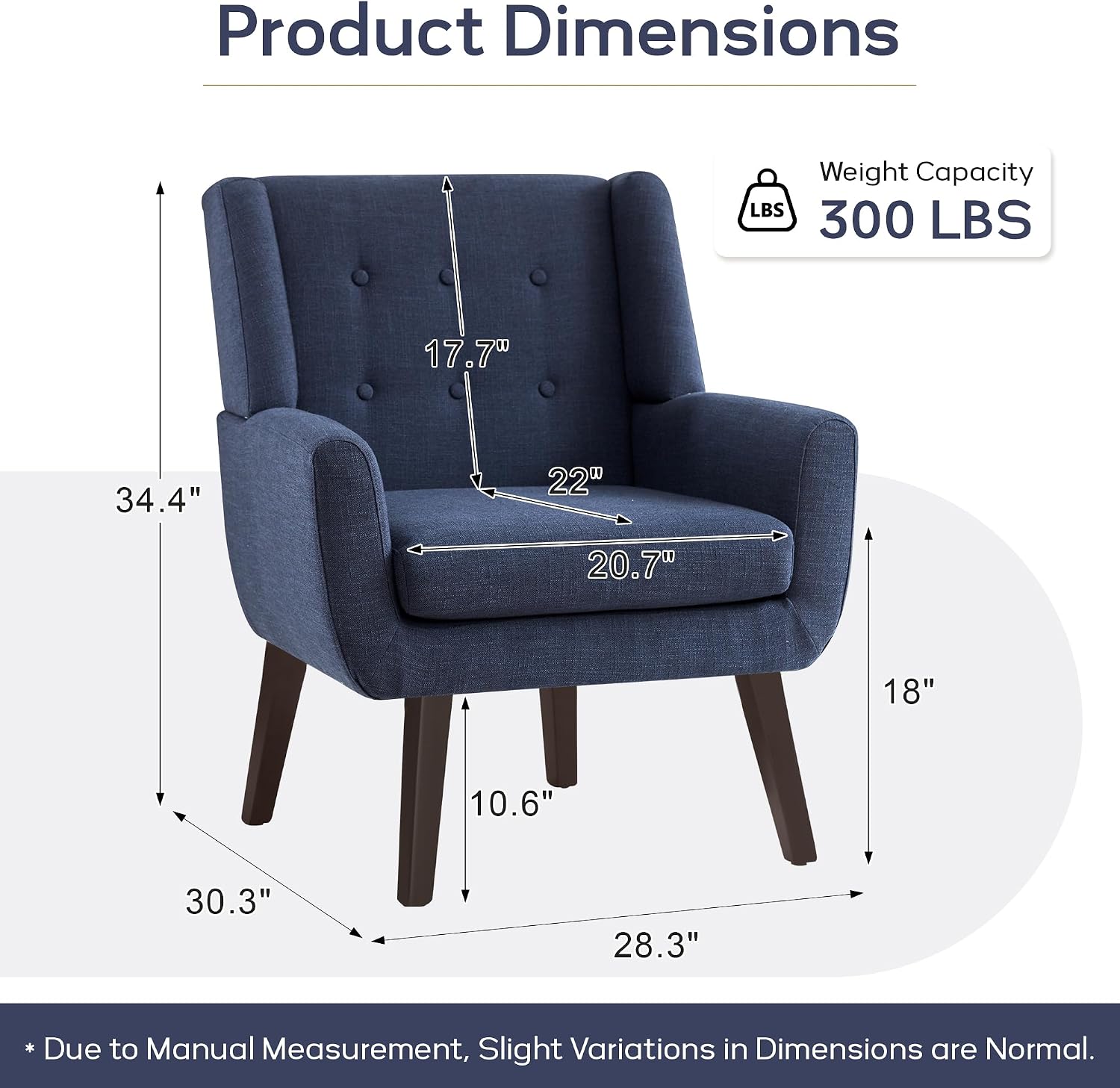 Dark Blue Button Tufted Linen Mid-Century Accent Chair