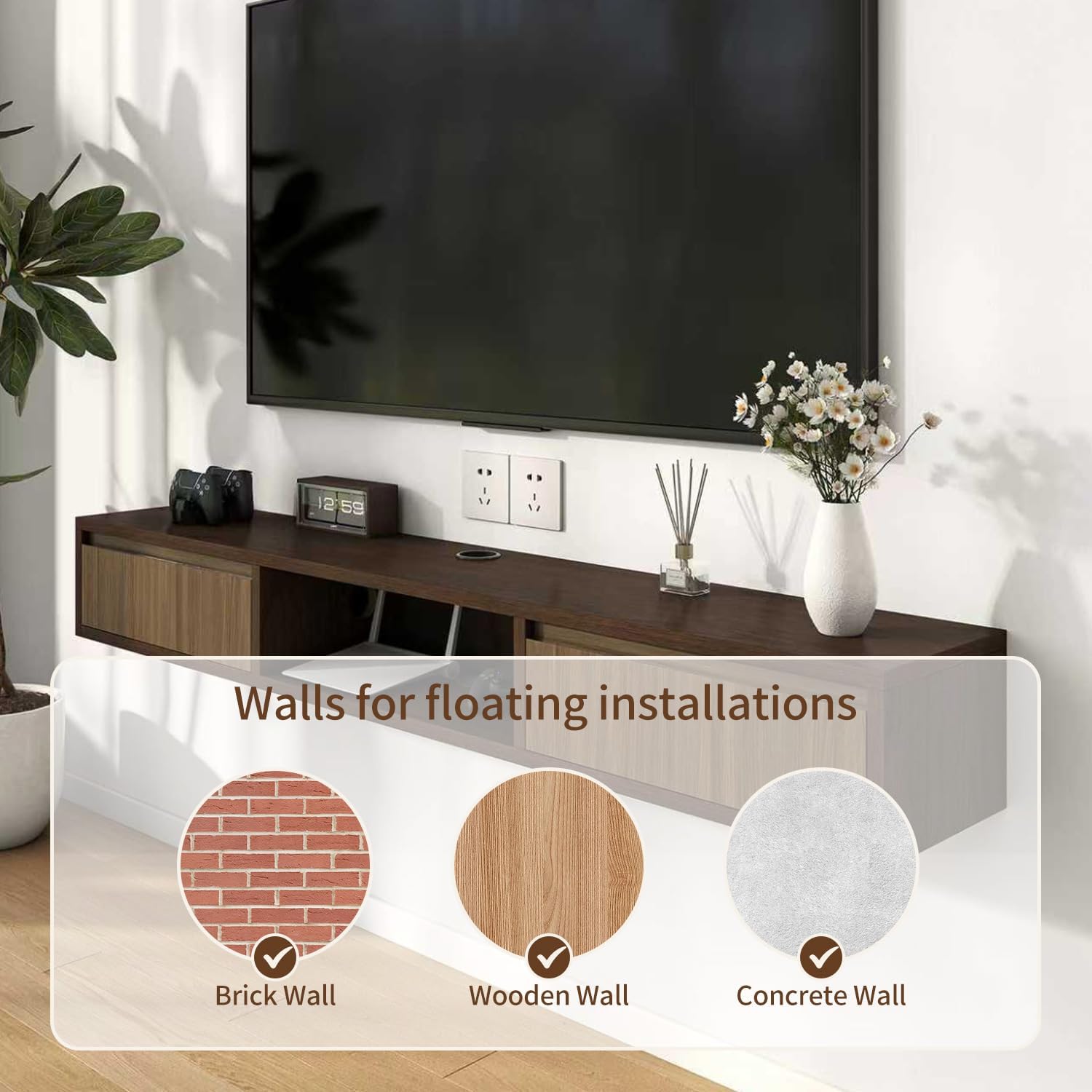 Walnut 47 Inch Plywood Floating TV Stand with Soft Close Door