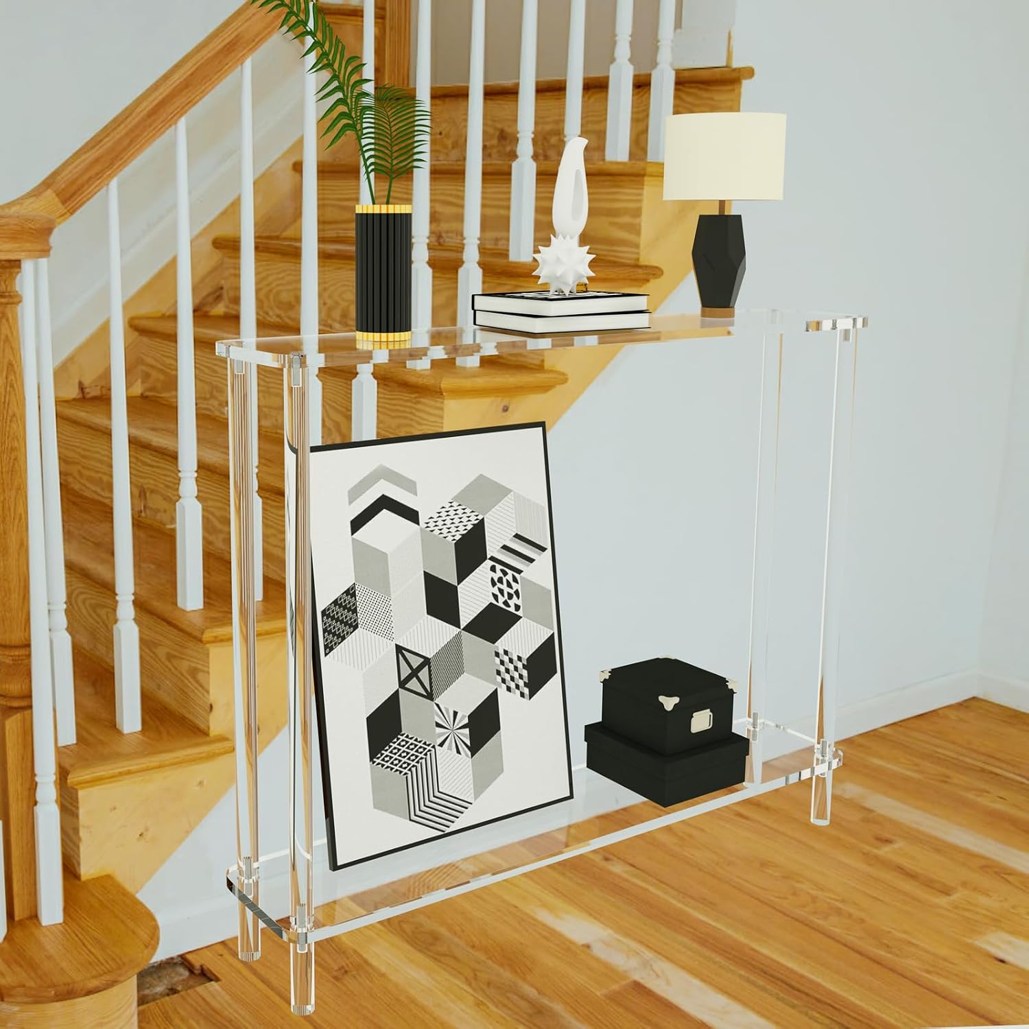 Cylindrical Leg 2-Tier Clear Narrow Acrylic Console Table