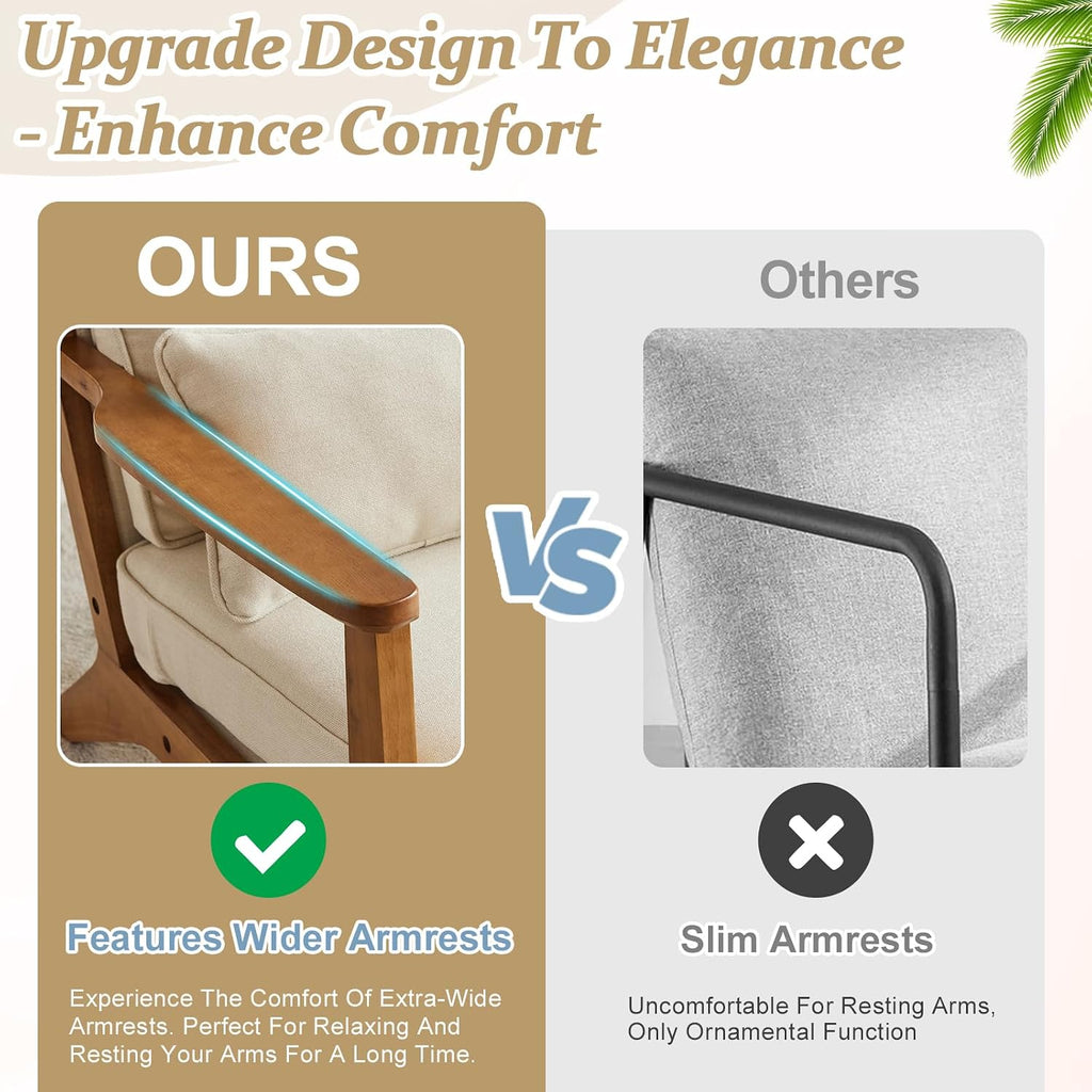 Beige Linen Farmhouse Mid-Century Solid Wood Accent Chair