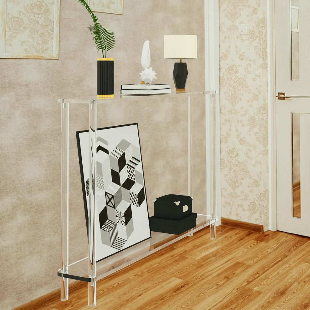Cylindrical Leg 2-Tier Clear Narrow Acrylic Console Table