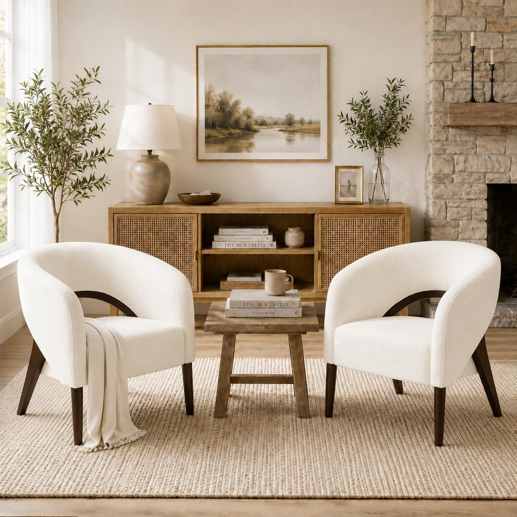 White Linen Barrel Accent Chairs Set of 2
