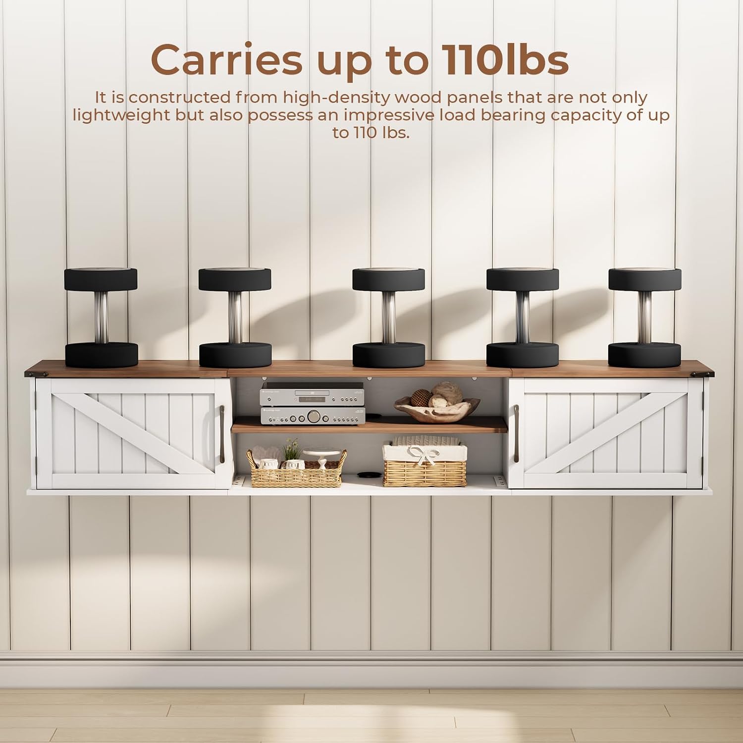 White Farmhouse 63 Inch Floating TV Stand with Storage Doors