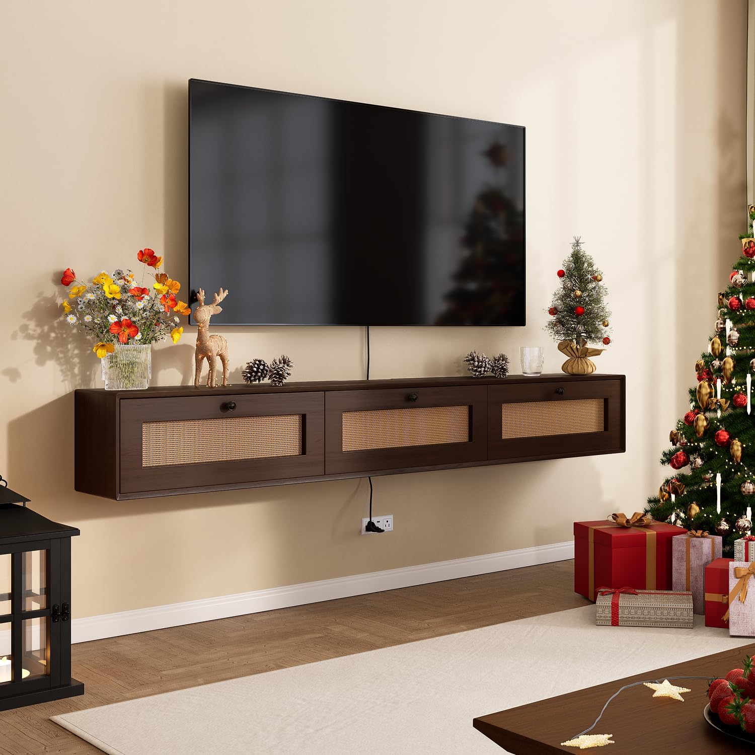 Natural Wood Floating TV Stand with Rattan Doors