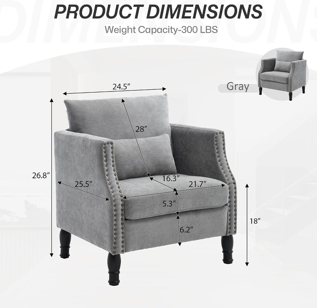 Grey Linen Accent Chairs Set of 2 with Lumbar Pillows