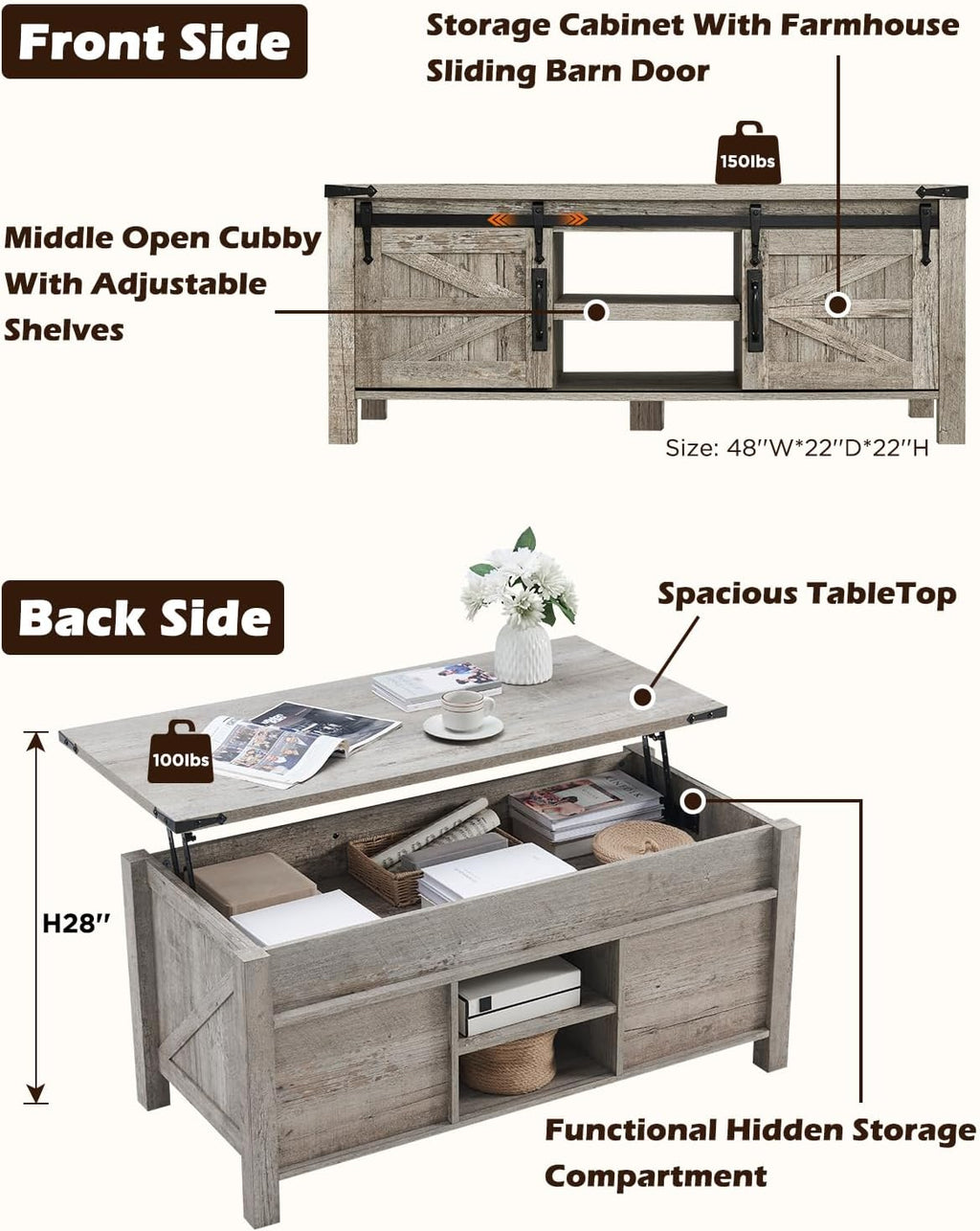 Lift Top Oak Coffee Table Barn Door