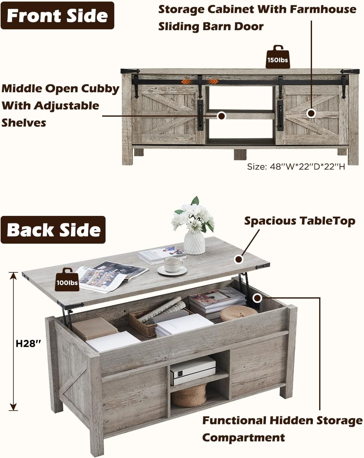 Lift Top Oak Coffee Table Barn Door