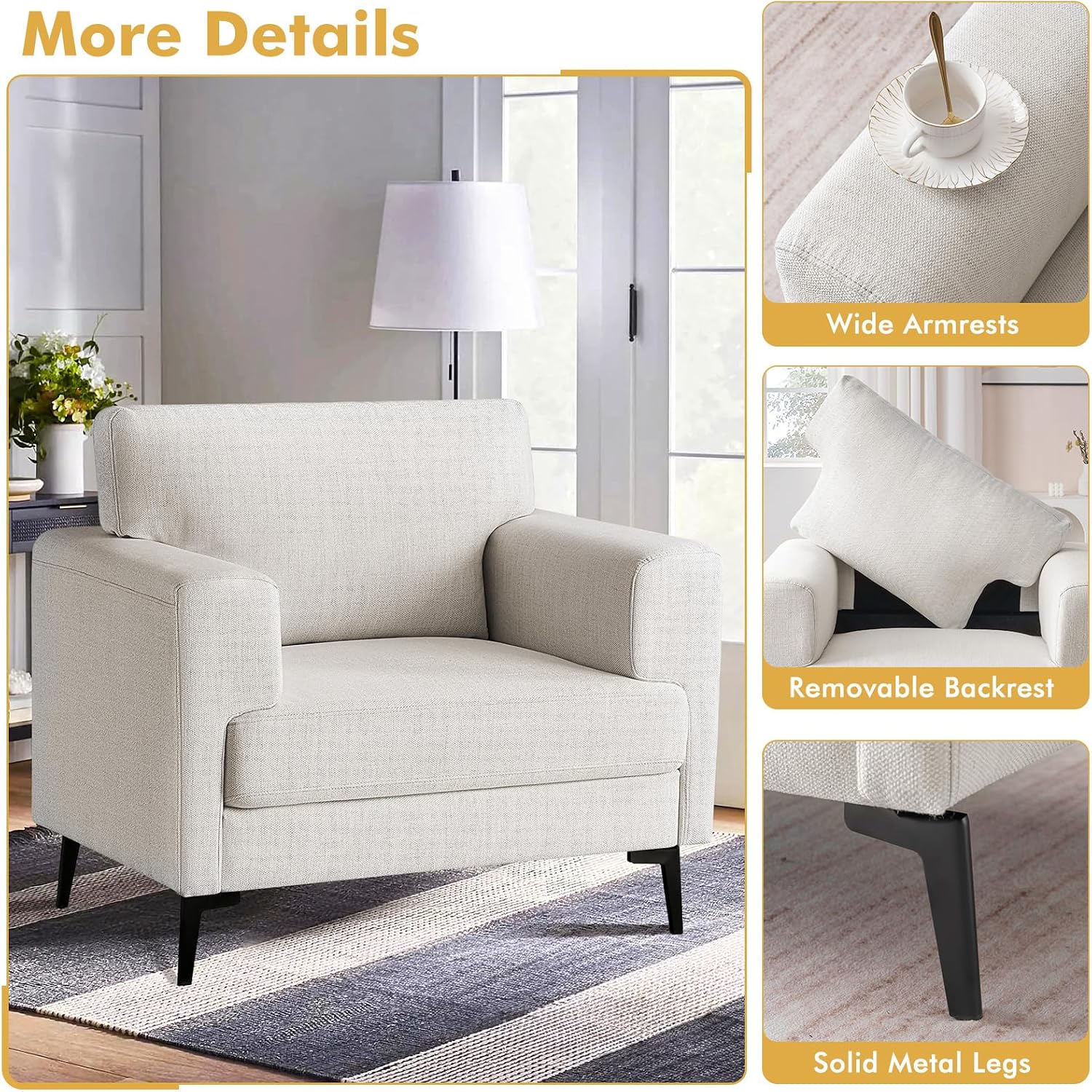 Beige Oversized Linen Mid-Century Accent Chairs Set of 2