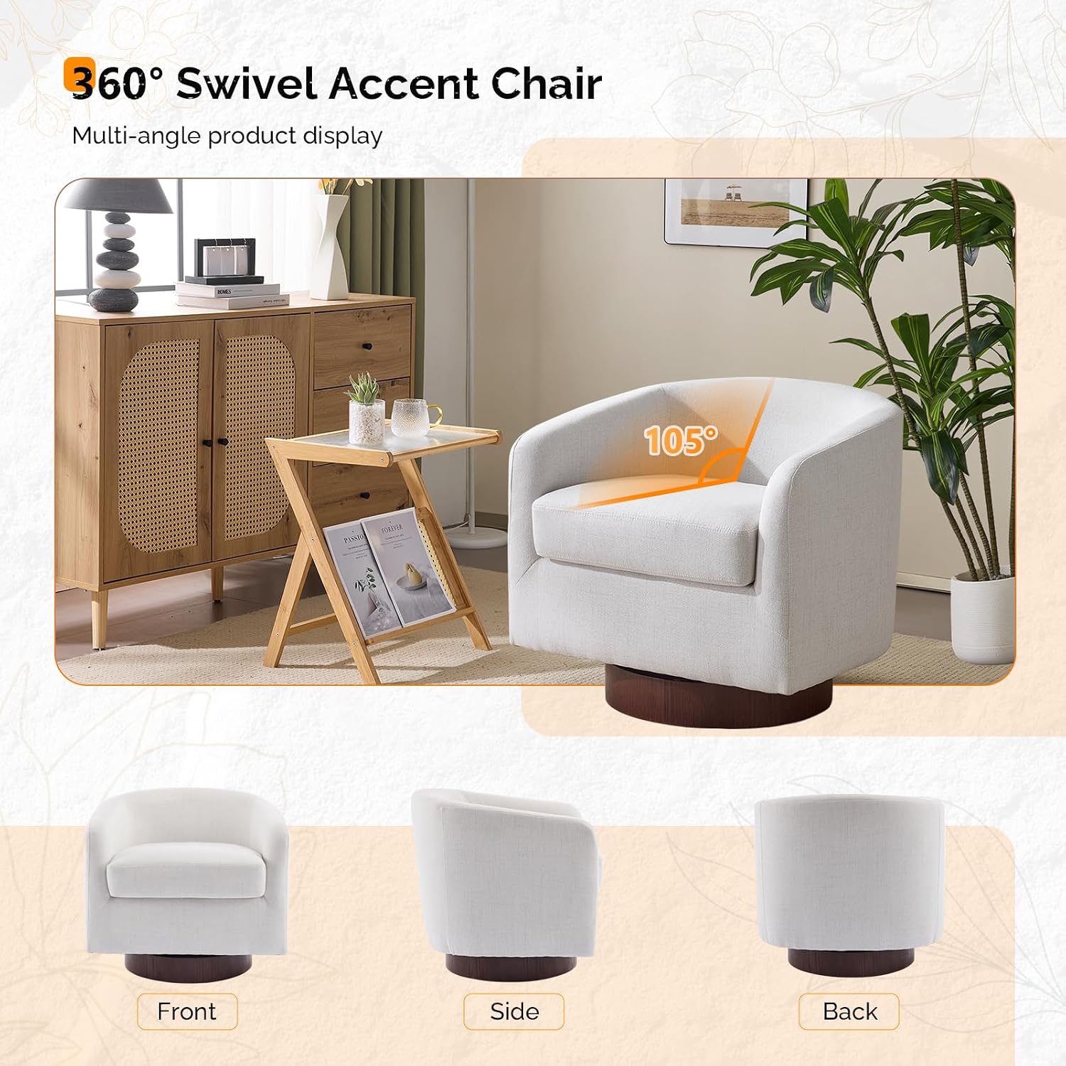Beige Linen 360° Swivel Barrel Accent Chairs Set of 2