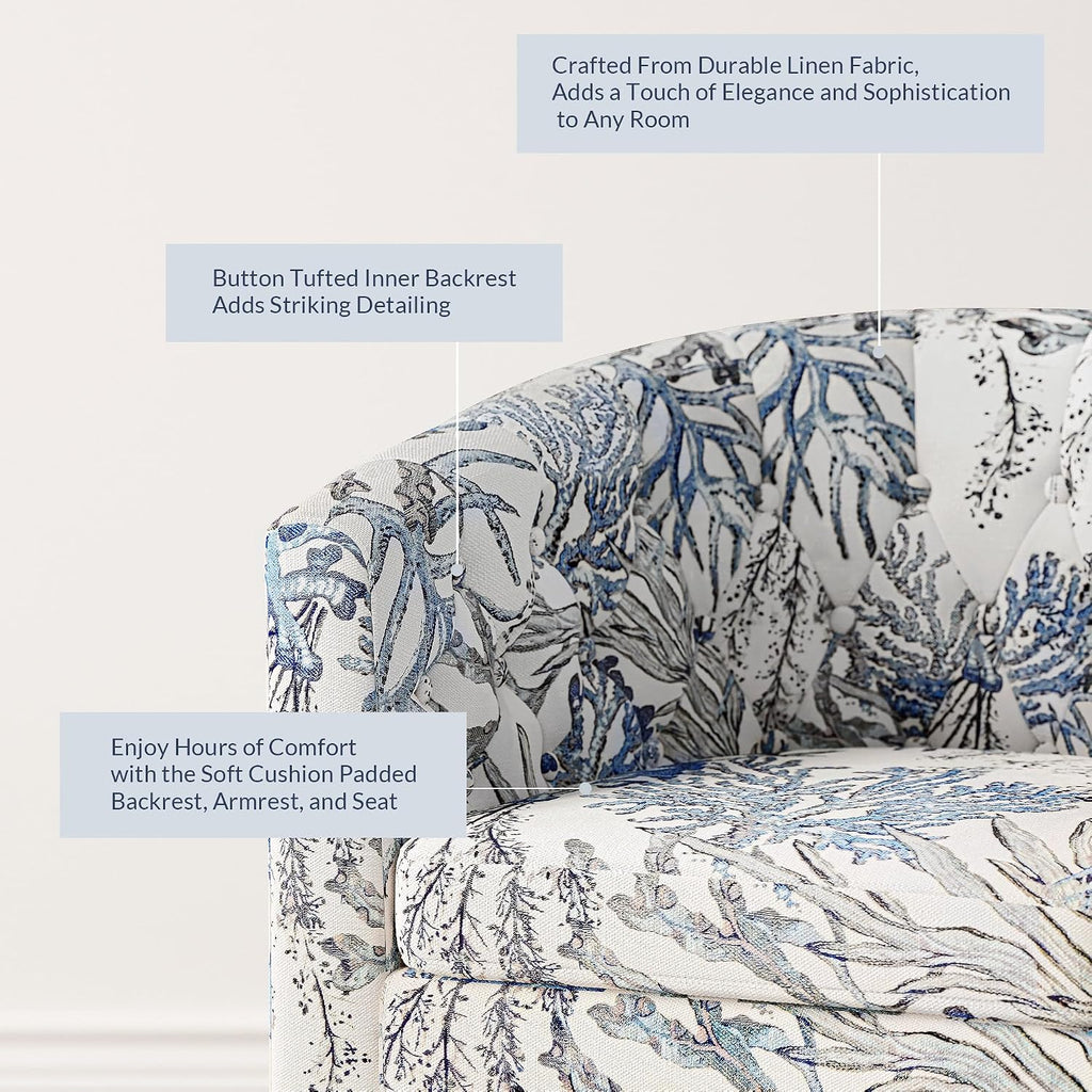 Blue Coral Linen Tufted Barrel Accent Arm Chair