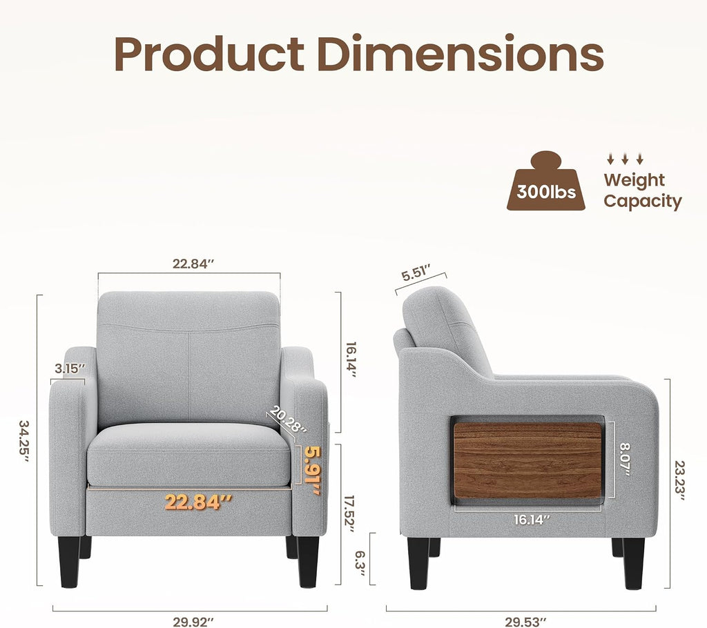 Linen Accent Chair with Foldable Side Table & Side Pockets